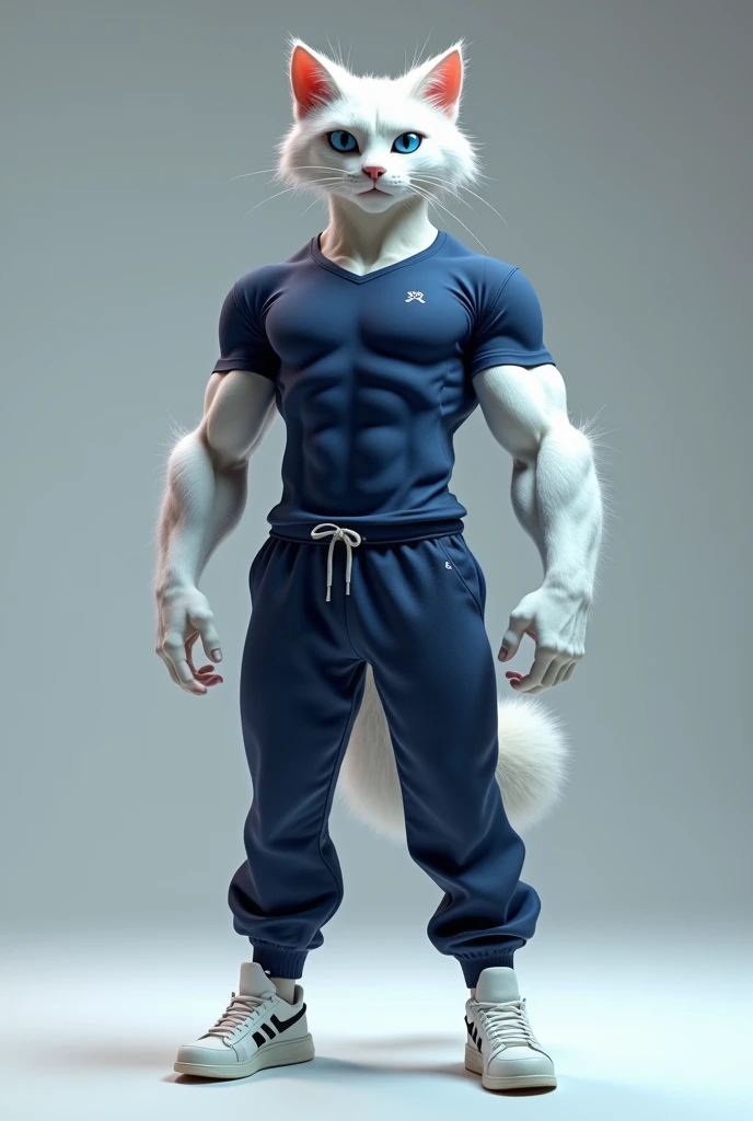 A beautiful white man, blue eyes, cat face, and strong cat arms, with fitness wear, such as a man with sensual muscles, front view, whole body, hyperagerist photo, fashion, glued sweatpants, cold t -shirt Colado, Forerealist, 3D rendering, Disney style, written: by @armdigital1 in the navy blue of Vervel Tennis, and white bone written: arm