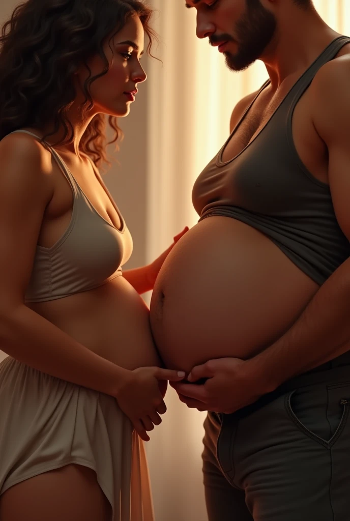 A man touching a chubby woman's belly button