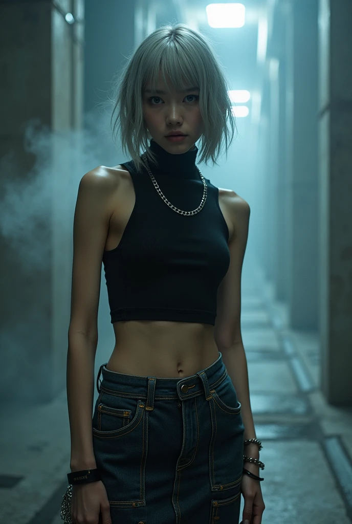(nsfw:1.2), masterpiece, Best Quality, Realistic, A mysterious and sophisticated beautiful young girl, with blue eyes wears futuristic and sexy fashion art. 18-years-old, cute and sexy Japanese girl is climbing at a wide angle, // The outfit features a black sleeveless turtleneck fusion of cropped tank top made from a lightweight, stretchy material. The top has thin shoulder straps and fits tightly, highlighting the wearer’s silhouette. The bottom piece is a midi-length denim skirt made from thick denim fabric. The skirt includes prominent stitching and large side pockets, adding a functional, cargo-style element to the design. Accessories include a simple silver chain necklace, a matching bracelet, and a small silver chain bag. The entire ensemble is styled in a monochromatic black and silver color palette, creating a sleek and urban look, /// Breasts in a high position, large breasts, slim waist, abs, large butt, /// standing, winding sexy pose, with her full body in frame. ///, hyper small head and face, wide Duck mouth, half open mouth, perfectly aligned teeth, perfect beautiful wide teeth, light blue eyes, half open eyes, shiny Droopy eyes, gray hair, looking other, She is situated within the interior of a futuristic colony, in the deep night, with mist drifting and steam rising from concrete