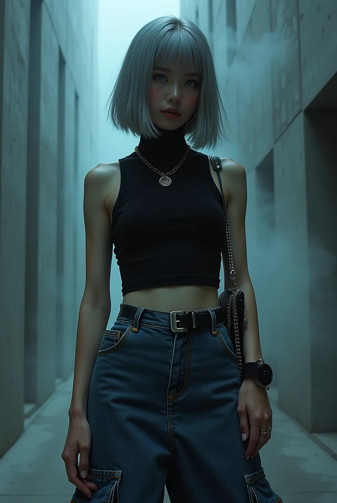 (nsfw:1.2), masterpiece, Best Quality, Realistic, A mysterious and sophisticated beautiful young girl, with blue eyes wears futuristic and sexy fashion art. 18-years-old, cute and sexy Japanese girl is climbing at a wide angle, // The outfit features a black sleeveless turtleneck fusion of cropped tank top made from a lightweight, stretchy material. The top has thin shoulder straps and fits tightly, highlighting the wearer’s silhouette. The bottom piece is a midi-length denim skirt made from thick denim fabric. The skirt includes prominent stitching and large side pockets, adding a functional, cargo-style element to the design. Accessories include a simple silver chain necklace, a matching bracelet, and a small silver chain bag. The entire ensemble is styled in a monochromatic black and silver color palette, creating a sleek and urban look, /// Breasts in a high position, large breasts, slim waist, abs, large butt, /// standing, winding sexy pose, with her full body in frame. ///, hyper small head and face, wide Duck mouth, half open mouth, perfectly aligned teeth, perfect beautiful wide teeth, light blue eyes, half open eyes, shiny Droopy eyes, gray hair, looking other, She is situated within the interior of a futuristic colony, in the deep night, with mist drifting and steam rising from concrete