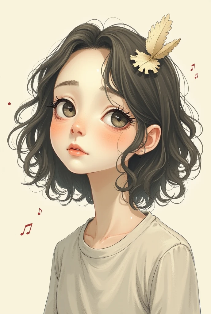 wavy hair fair skin thin long face chubby small eyes drawing music
