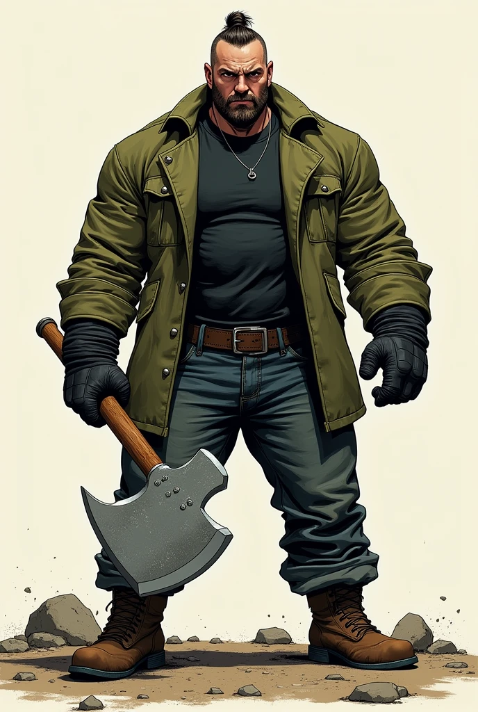 Create a Human Comics style image with cartoon-style, single-panel, intricate lines. Godri, a fat, broad, muscular young man, had a determined look and an imposing presence. He wears a short moss green coat and a black shirt underneath, dark jeans with round steel-toed boots, a black leather glove and carries a large steel axe in his hands.