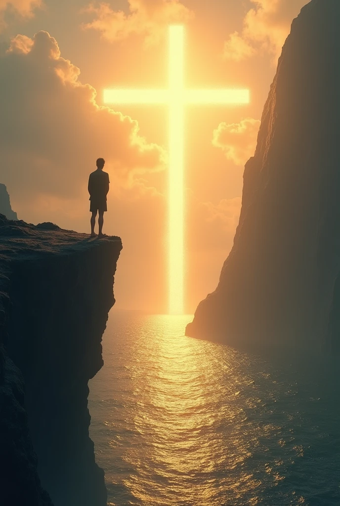 Depict a person standing at the edge of a cliff, looking out over a vast, peaceful ocean. Above them, a cross-shaped light shines down from the heavens, symbolizing the removal of eternal guilt and the embrace of God's grace."