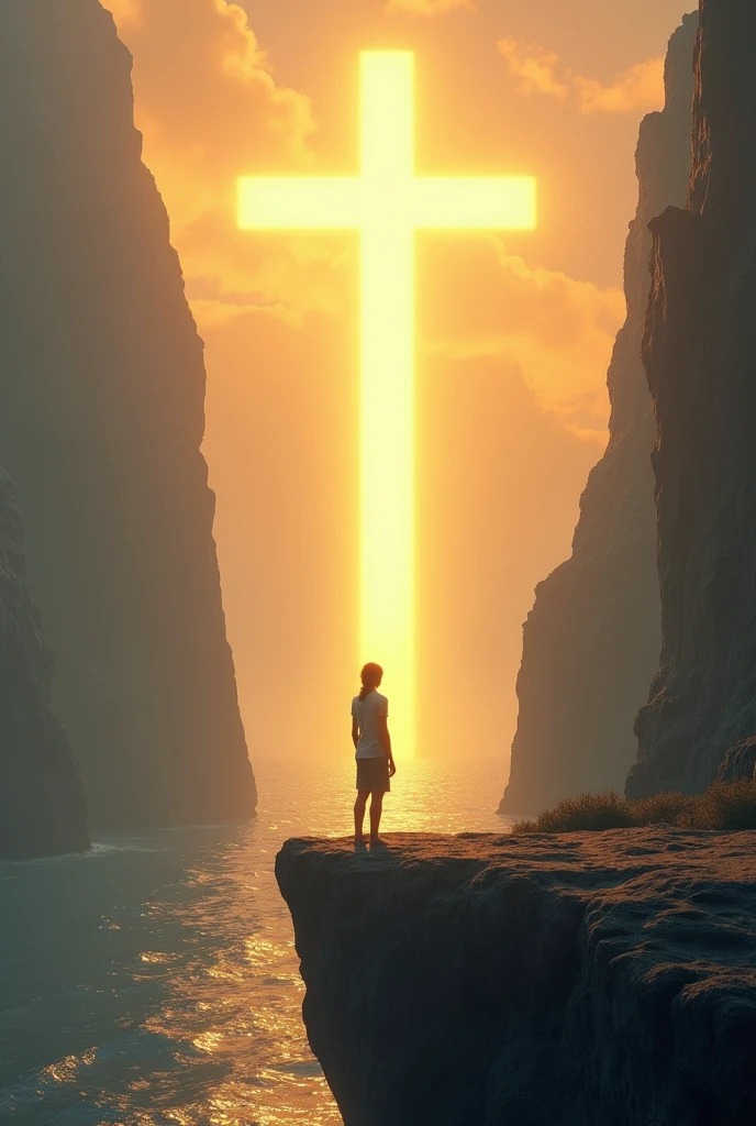 Depict a person standing at the edge of a cliff, looking out over a vast, peaceful ocean. Above them, a cross-shaped light shines down from the heavens, symbolizing the removal of eternal guilt and the embrace of God's grace."