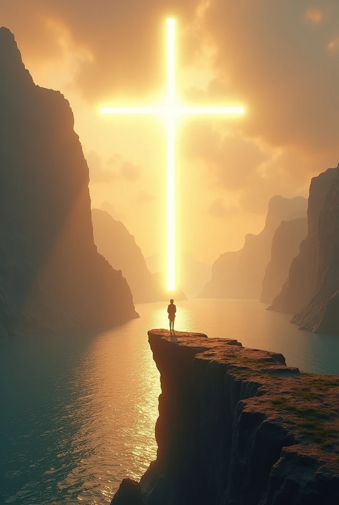 Depict a person standing at the edge of a cliff, looking out over a vast, peaceful ocean. Above them, a cross-shaped light shines down from the heavens, symbolizing the removal of eternal guilt and the embrace of God's grace."