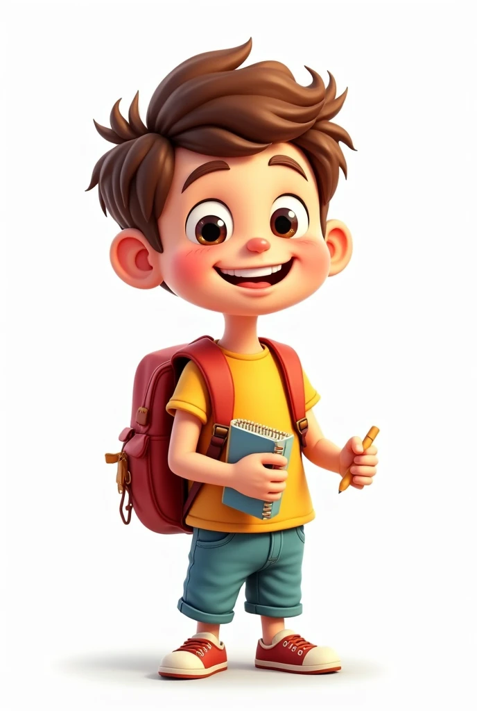 A happy pencil boy with big eyes with a backpack on and a notebook in his hands. Cartoon style with white background