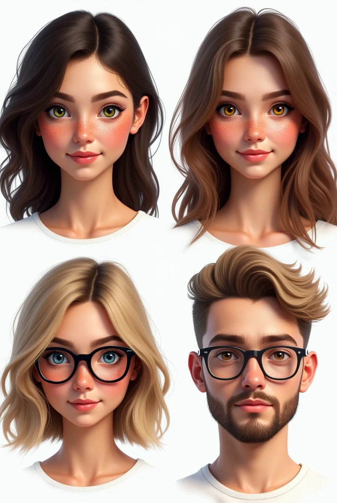 (photorealism:1.5)profile of a beautiful young woman with dark brown hair, green eyes, and a lot of freckles. another profile of a young woman with brown hair, brown eyes and some freckles. another profile of a young pretty woman with straight light blond hair, blue eyes and glasses. The last profile is of a young masculine chubby man with short kind of buzzcut dark blond hair, blue eyes, glasses and a beard. faces are looking into the camera, pretty small and loosely arranged on a white background
