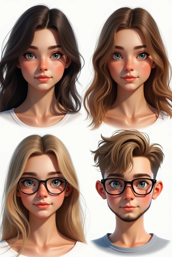 (photorealism:1.5)profile of a beautiful young woman with dark brown hair, green eyes, and a lot of freckles. another profile of a young woman with brown hair, brown eyes and some freckles. another profile of a young pretty woman with straight light blond hair, blue eyes and glasses. The last profile is of a young masculine chubby man with short kind of buzzcut dark blond hair, blue eyes, glasses and a beard. faces are looking into the camera, pretty small and loosely arranged on a white background