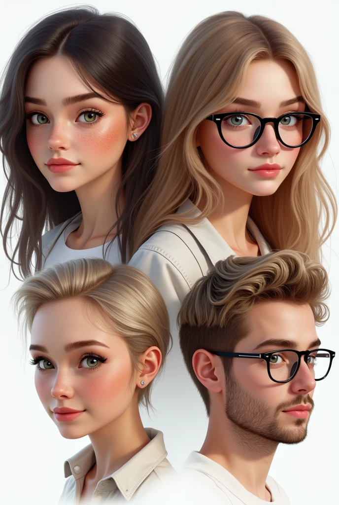(photorealism:1.5)profile of a beautiful young woman with dark brown hair, green eyes, and a lot of freckles. another profile of a young woman with brown hair, brown eyes and some freckles. another profile of a young pretty woman with straight light blond hair, blue eyes and glasses. The last profile is of a young masculine chubby man with short kind of buzzcut dark blond hair, blue eyes, glasses and a beard. faces are looking into the camera, pretty small and loosely arranged on a white background