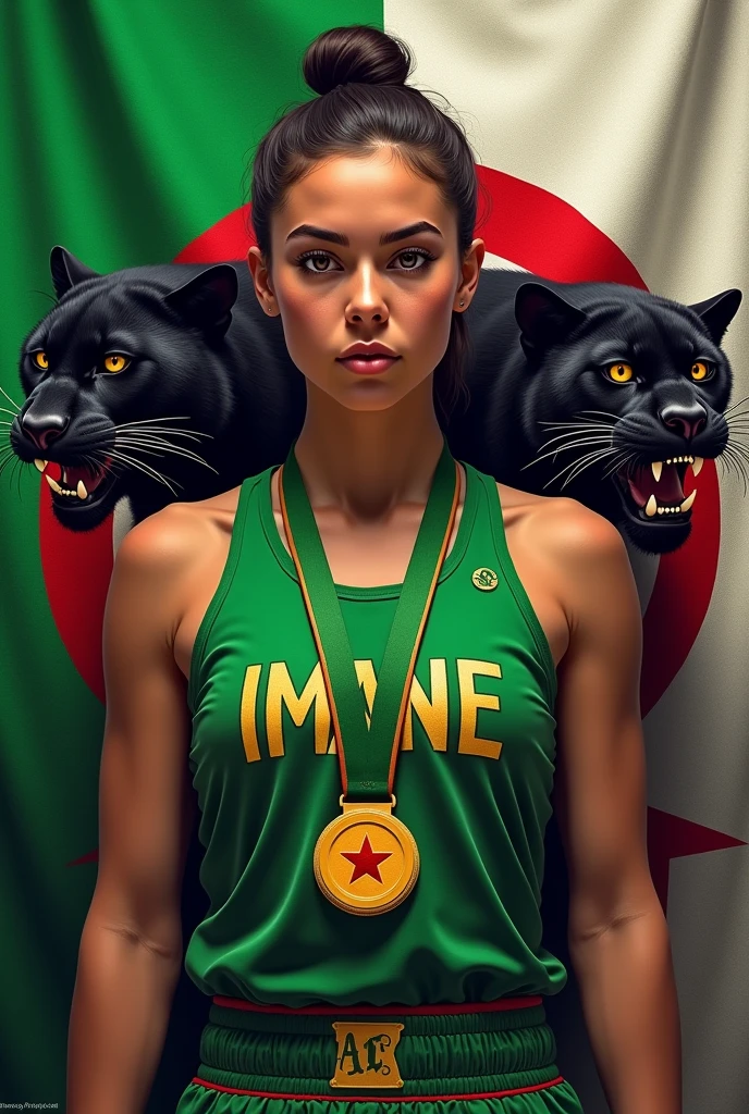 Le drapeau algérien de couleur vert blanc croissant de Lune Étoile 5 branches de couleur rouge une femme algérienne boxeuse avec la médaille d'or autour du cou plus une panthère noire à côté d'elle écrire  son prénom en lettre d'or IMANE