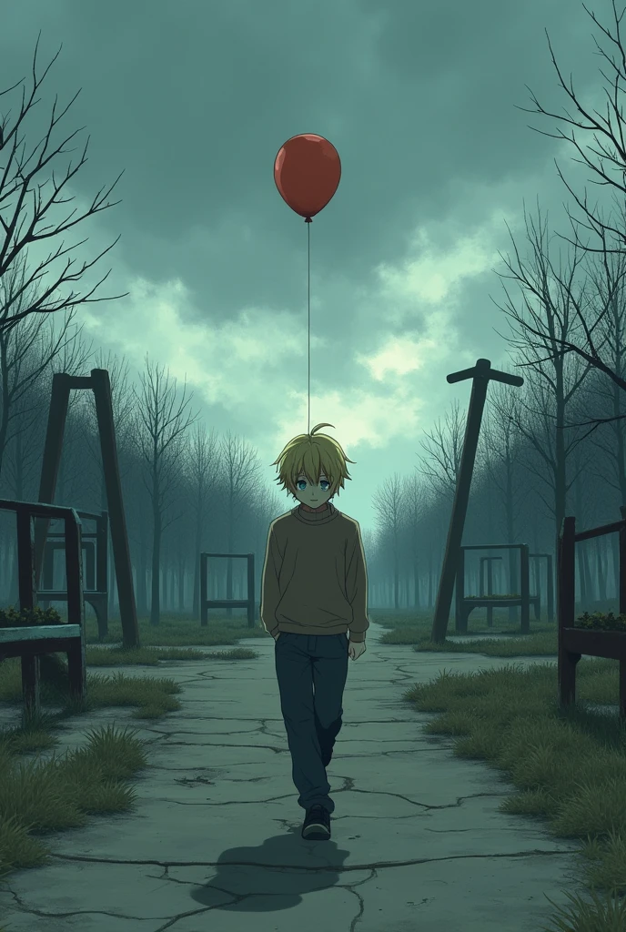 Kagamine Len with dark circles, walking in an abandoned park holding a balloon, with cloudy weather, al estilo anime de los 80's