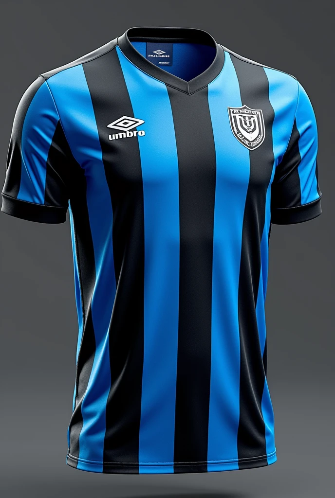 Create an Umbro branded football shirt, of the Grêmio Football Portoalegrense team with thick sky blue and black stripes and thin white stripes.