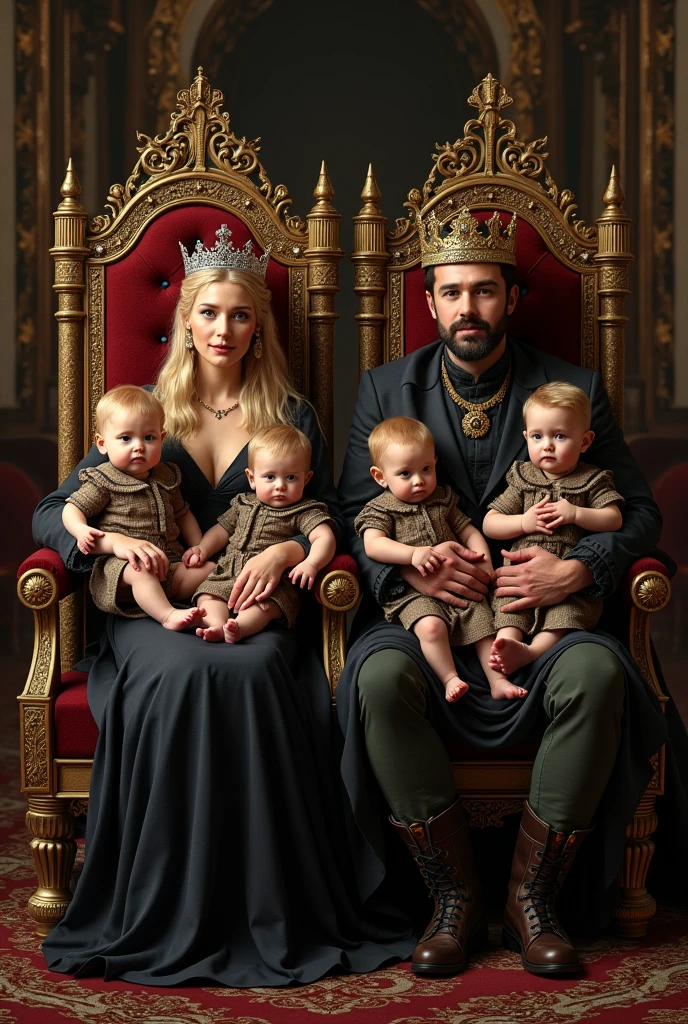 A 20 year old woman with blonde hair and golden strands, wearing a crown, sansa stark style dress dark clothes. By your side two blond twin babies, a girl and a boy.
Next to them are the father, a man with a crown, john snow style sitting on thrones, he holds a baby wearing royal , on the side the woman is on anoththrone holding a baby wearing royal attire
