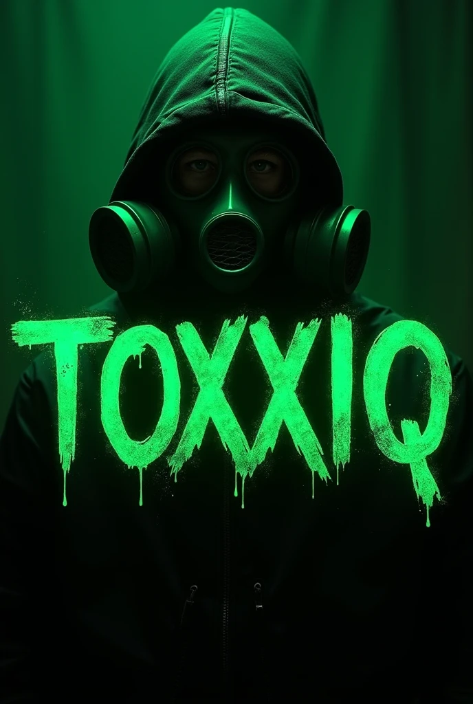 Writing,TOXXXIQ, in Poison green, font is horizontal, Writing ist in Großbuchstaben, TOXXXIQ with 3 x, writing is bloody, Gasmaske ist hinter der Writing