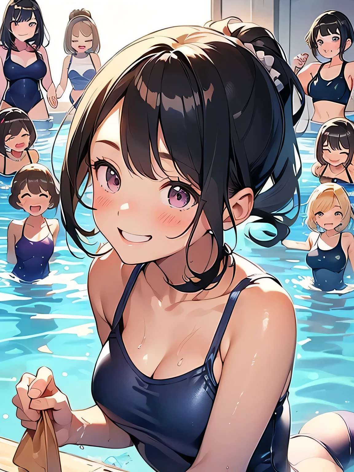 Highest quality、High resolution、Detailed Background、(Beautiful face in every detail:1.4)、Anatomically correct、(Normal number of fingers:1.2)、Highly detailed face、(Detailed eyes:1.4)、age beauty、(Huge breasts:1.2)、Perfect body line、Bobcut、Braided Ponytail、cute hairstyle、A big smile、In a joking manner、smile、School swimming pool、Navy school swimsuit、An innocent smile、Laughing with your mouth open、Cute gestures、
(Five girls in school swimsuits taken from below in close-up:1.5)、(Five girls taken from below in close-up:1.5)、
Close up from below、Looking at me with a happy smile、Swimsuit that glows when wet、My whole body is wet、My hair is wet too、cute