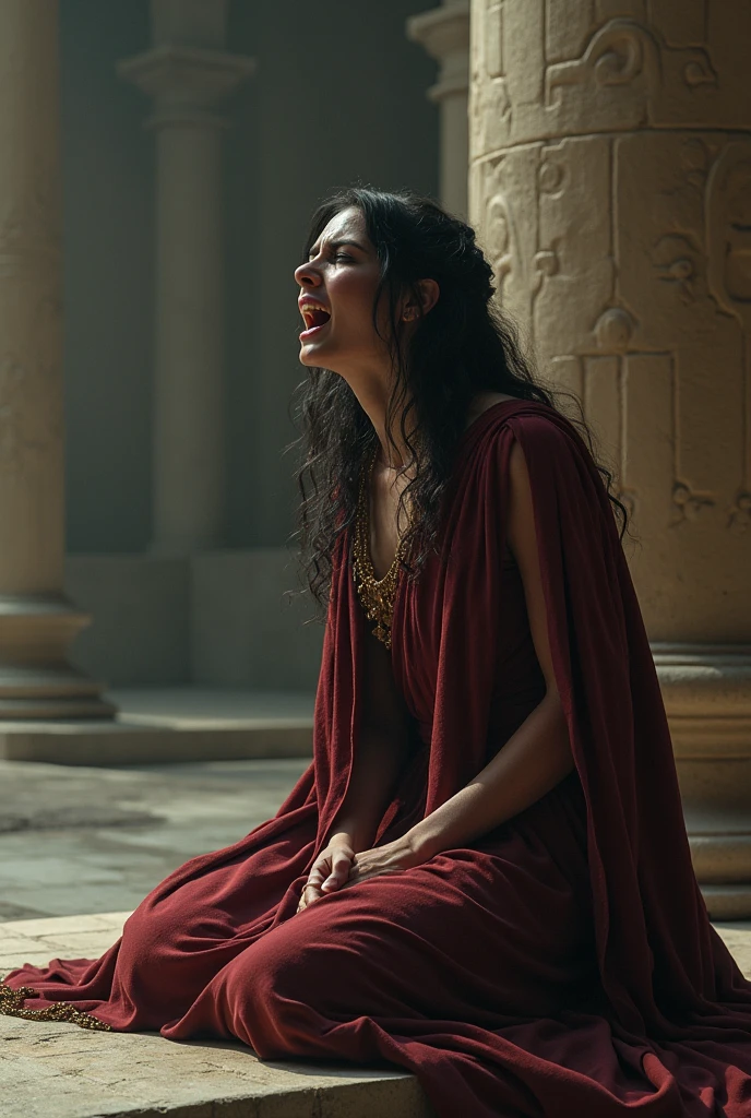 Amneris crying on the grave where Radames is buried. Her face is distorted by the screams she lets out. The surrounding is an empty temple