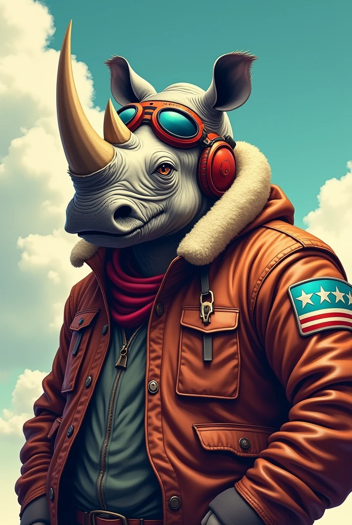 The emblem of a rhino dressed as an aviator and his name is rhino-01 and he has a flag patch on his shoulder, The flag has 3 stripes and they are positioned laterally., The stripe at the top and bottom are turquoise blue and the one in the middle is a white stripe with 5 blue stars in the center. 
