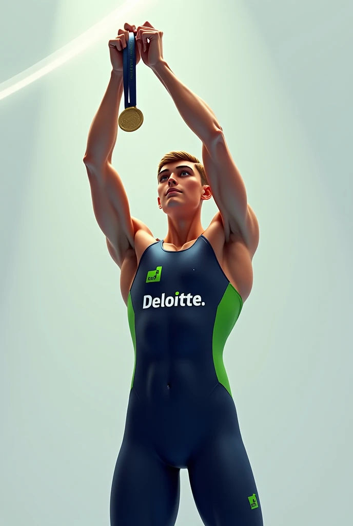 Generate A Picture Of A Swimmer in full kit Holding A Medal With "deloitte " on the swimsuit,  the full stop after "deloitte" having a green color.