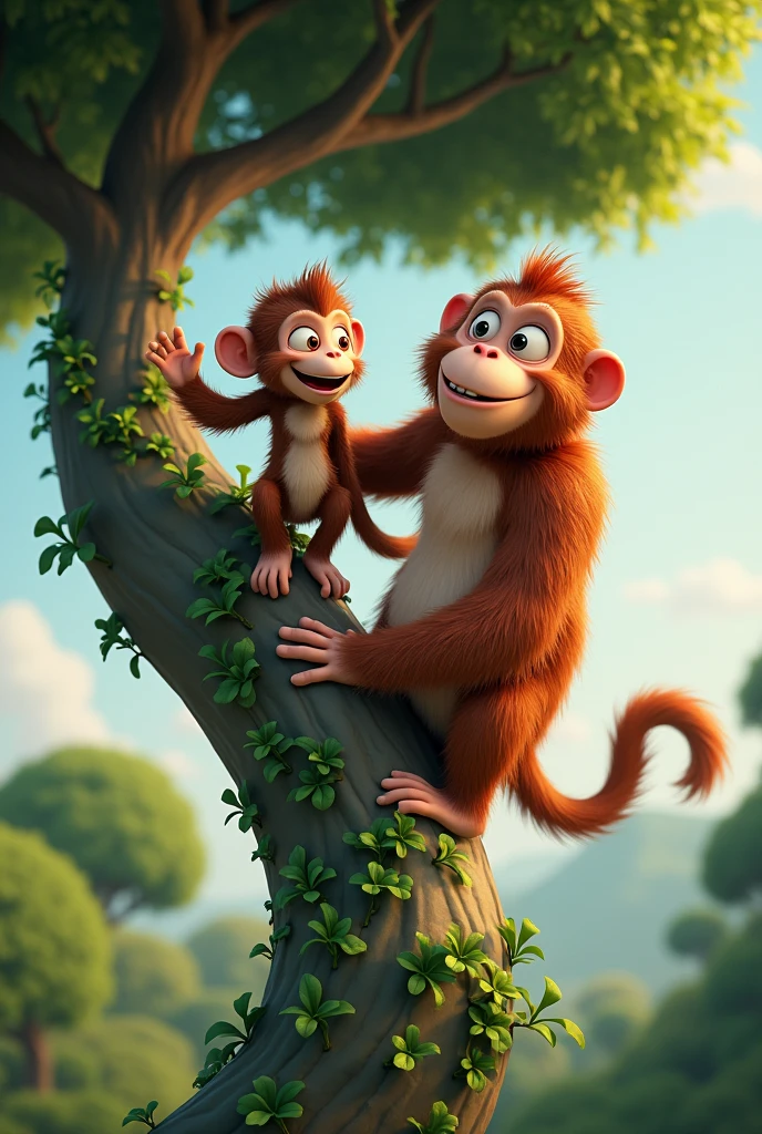 a small monkey and a big monkey on top of a tree, 3D cartoon style, cinematic