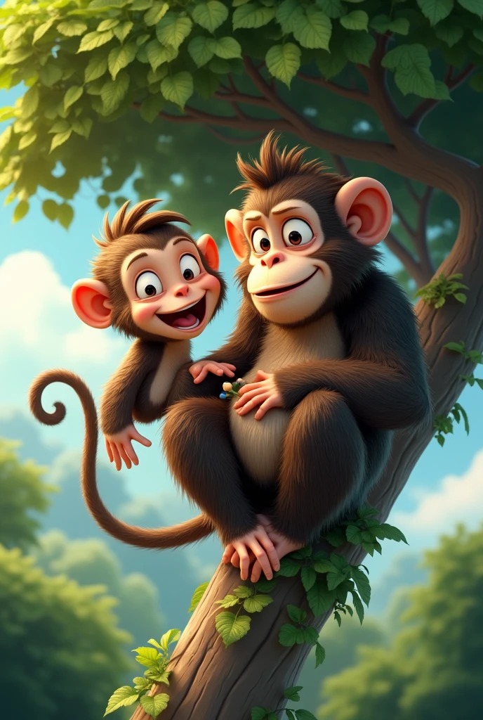 a small monkey and a big monkey on top of a tree, 3D cartoon style, cinematic