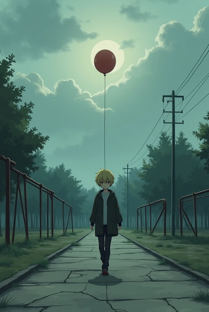 Kagamine Len with dark circles, walking in an abandoned park holding a balloon, with cloudy weather, al estilo anime de los 80's 