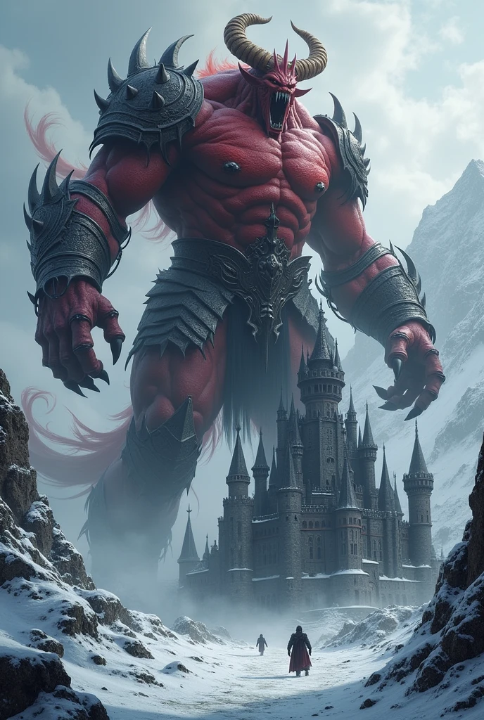 Image of a huge demon god, muscular and red in color, the size of a mountain, wearing armor. He is about to destroy the black colored castle with several rooms and towers, one of them is so big that it is as tall as the giant. It has hooves on its feet and must be the size of a tower. He is in the medieval period. In a snowy place full of mountains