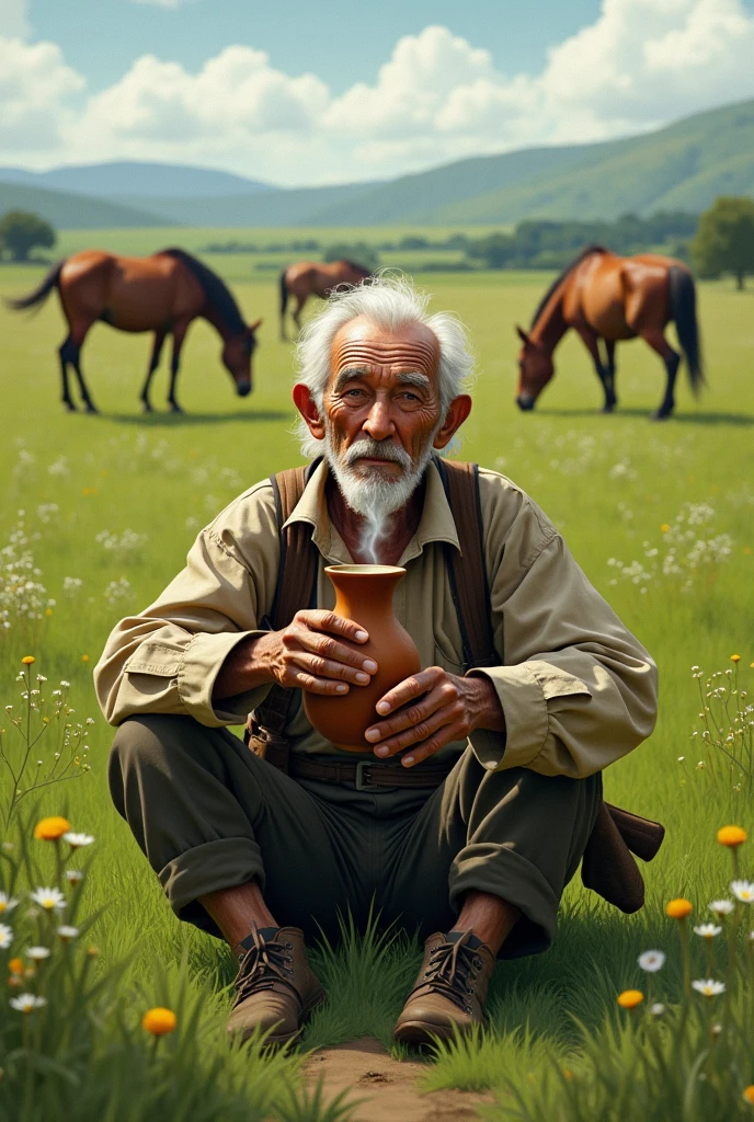 Old man sitting drinking mate in a green field with horses