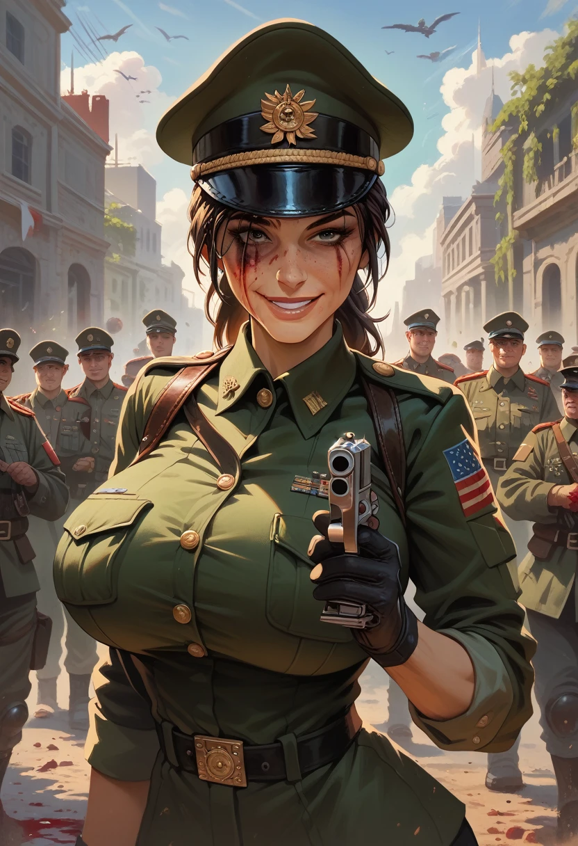 Lara Croft, hyper breasts, military uniform,blood spils on uniform, soldier hat,battleground, at the war, detailing face, detailing body, smiling, pistol in hand, high-rise building