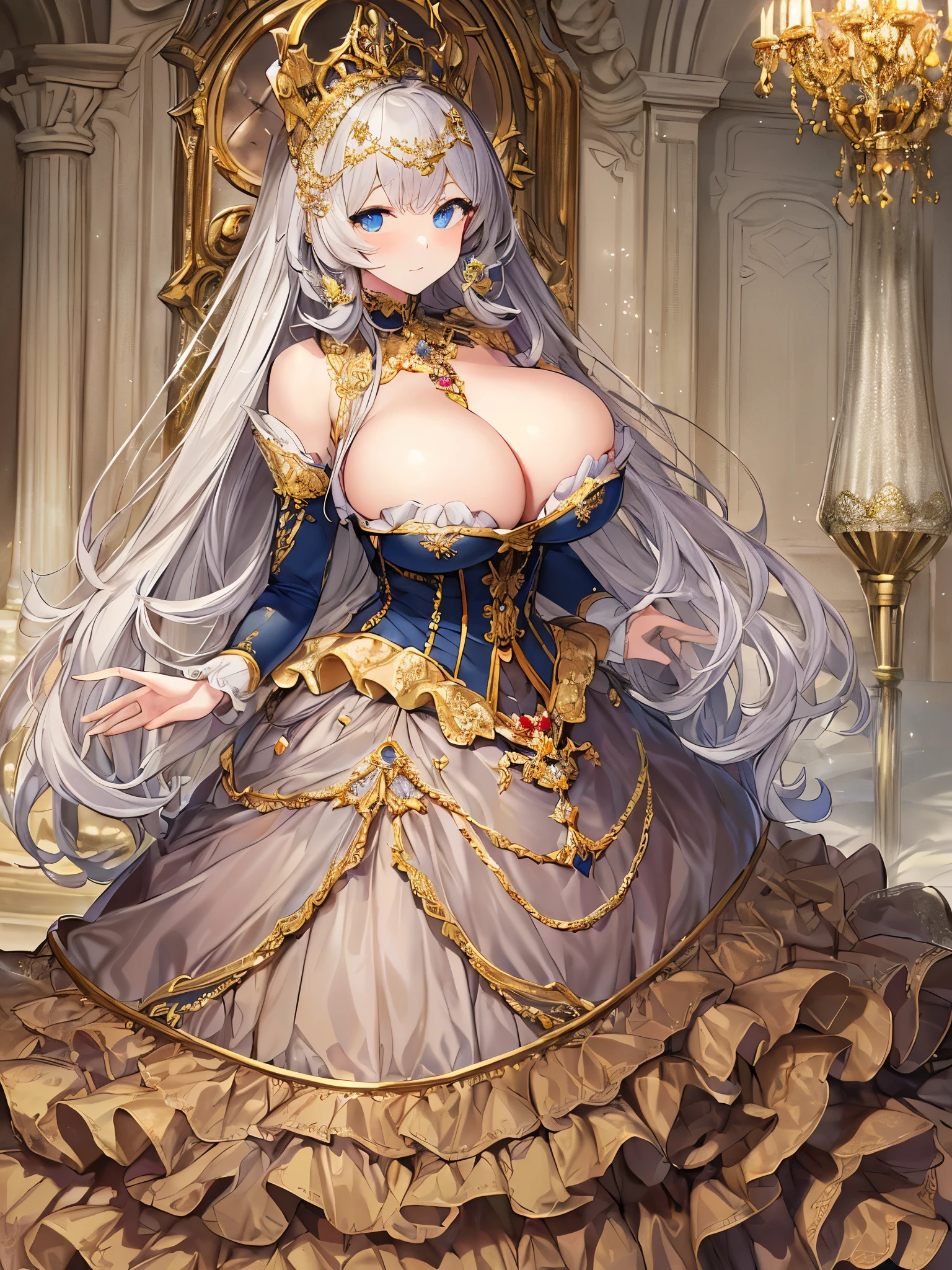 moe anime artstyle,Masterpiece,Best Quality,Super Detail,(Very Delicate and Beautiful),Solo,full body,((full body)),absurdly gigantic breast,(((1 princess in beautiful embroidery and jeweled gorgeous rococo ballgown with voluminous full length crinoline hoop skirt))),(((absurdly gigantic tits,absurdly gigantic breast))),deep cleavage,curvy,Skindentation,((detailed face and eyes)),jewel-like eyes,((crinoline,long train)),beautiful embroidery and jeweled rococo ballgown with voluminous full length crinoline hoop skirt,voluminous rococo ballgown with voluminous full length crinoline hoop skirt,((bling-bling voluminous rococo princess ballgown with voluminous full length crinoline hoop skirt)),((absurdly long Straight hair)),extremely gorgeous hair ornament,((extremely gorgeous big tiara)),luxurious jewelry,(((beautiful embroidery and jeweled gorgeous rococo ballgown with voluminous full length crinoline hoop skirt))),(absurdly gigantic tits,absurdly gigantic breast),(((indoor,bedroom))),Looking at viewer,((full body))