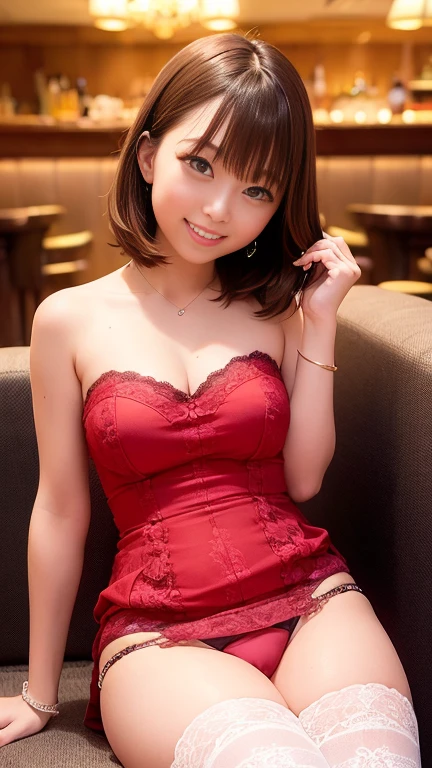 ((Crimson lace sleeveless mini dress:1.1、Strapless))、One 1 woman、Medium breast、Bob Hair、Slim body、Beautiful legs、smile、Masterpiece:1.3、Raw photo quality、Highest quality、Detailed image quality、Detailed Background、Inside the bar lounge、Sitting on a luxury sofa、Luxury High Heels、Luxury Stockings:1.2、White panties、((Panty shot:1.3))、