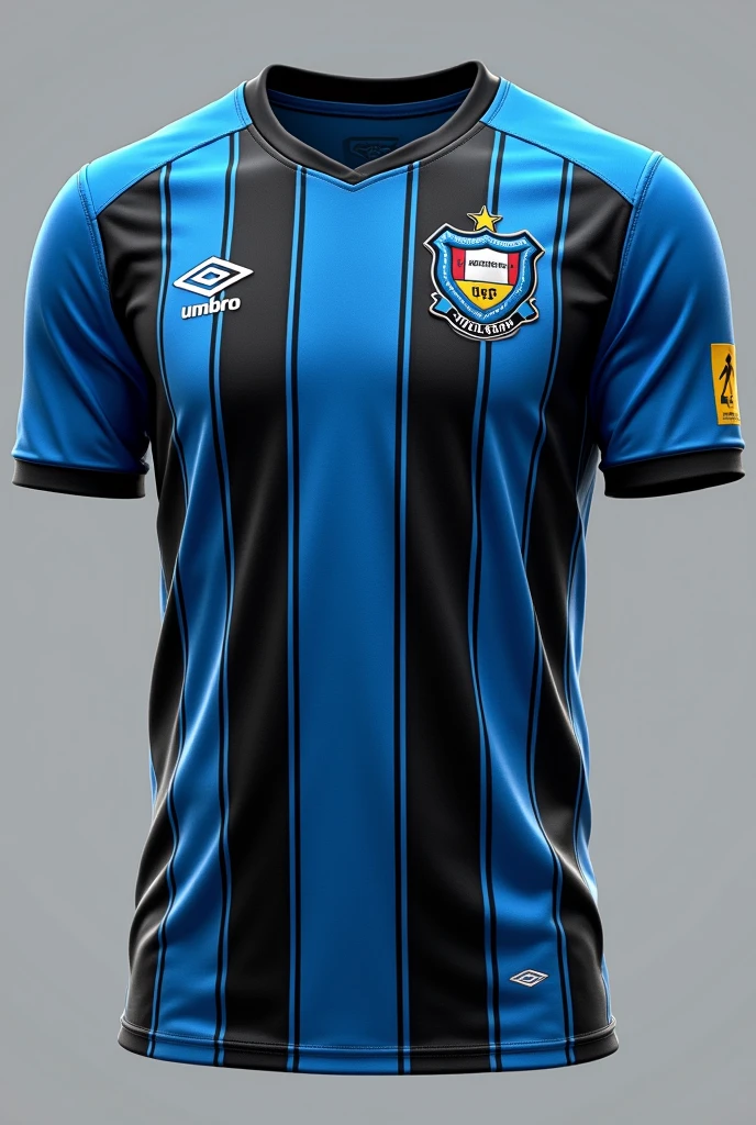 Create an Umbro branded football shirt, of the Grêmio Football Portoalegrense team with thick sky blue and black stripes and thin white stripes.
