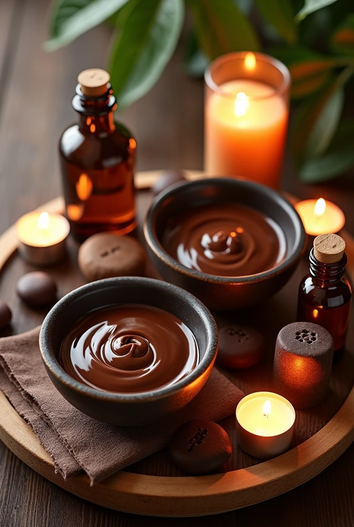 Bowls of melted chocolate cream next to massage tools and glass jars of essential oils, plus pieces of dark chocolate, all on a circular wooden base and candles, It is important that the photograph is taken from above
