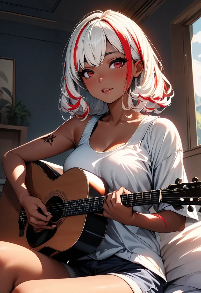 (highest quality:1.2, Very detailed, up to date, Vibrant, Ultra-high resolution, High Contrast, masterpiece:1.2, highest quality, Best aesthetics), Portraiture、girl、singer, solo, ((25-years-old:1)), Bright colors, Beautiful fine details、Beautiful lip detail、medium wave hair、red and white ((streaked hair:1.6)), highlights hair: 1.5, red eyes, slim body, medium breast, (tan skin:1.1), (Floral Fineline tattoo design on left arm:1), tank top, shorts, sitting on bed, bright her room, huge windows, singing, playing acoustic guitar, (upper body:1)