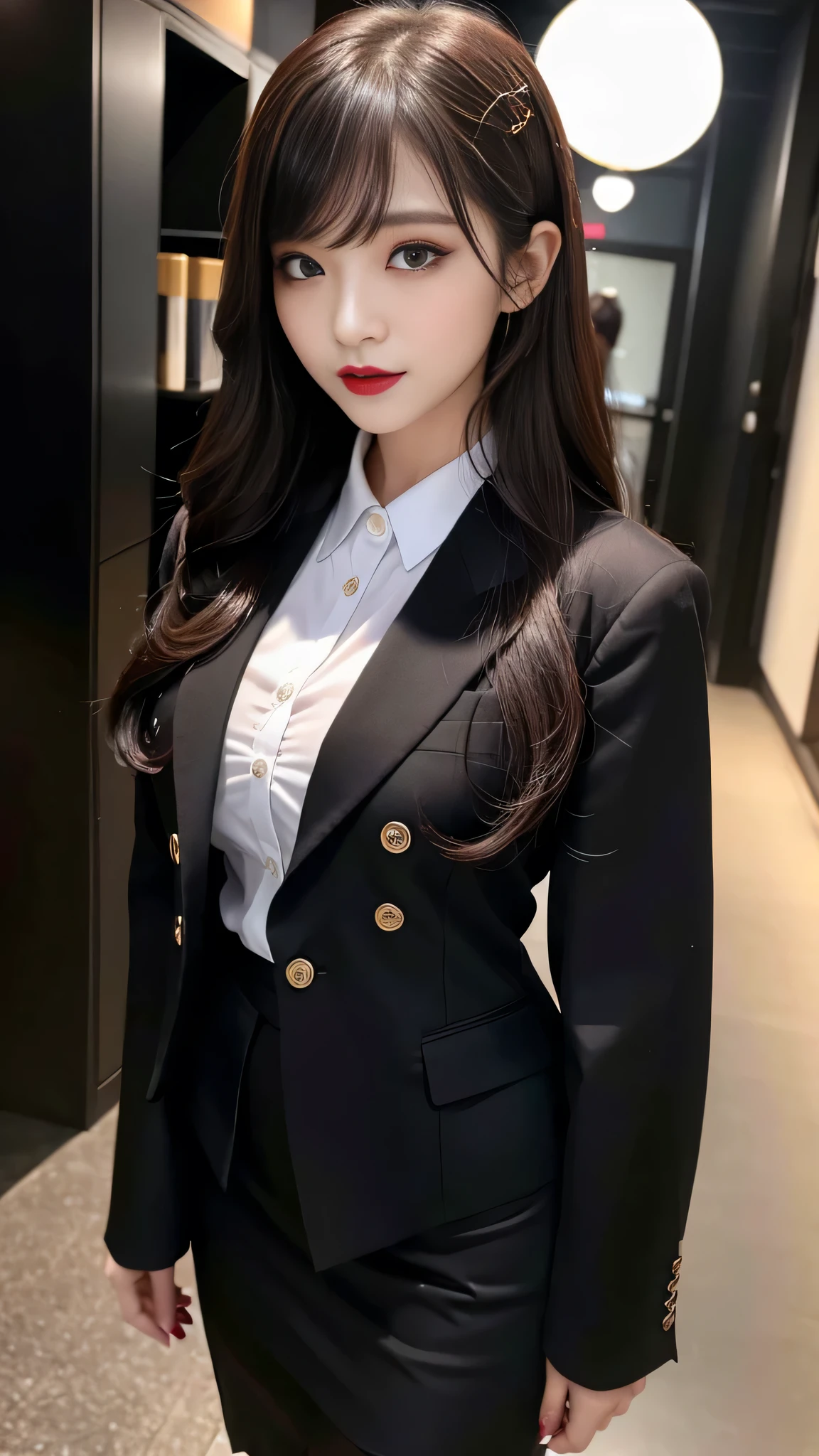 best quality、ultra-detailed、4k、Japanese、Seductive beauty、seductive adult woman、Pretty Woman、cool girl、Villainess、Fallen into evil、smirk、Evil look、Wicked Smile、evil、Brown hair、wavy hair、swept bangs、brainwash makeup、dark makeup、piercing eyes、hollow eyes,half-closed eyes、Hollow Eyes、purple Eyeshadow、black lipstick、black lipglos、office staff suit、suit、Jacket、Black sleeves、White Shirt、Black Ribbon、Tight Skirt、bezyu pantyhose、bezyu stocking、night、inside darkroom、Are standing、shoot from below、Have lipstick、Emblem of Evil、Crest of Darkness、Swear allegiance、I have pledged my allegiance、Dye black、Blackening、Stained with evil、Dyed in darkness、Seduce、Black Flower