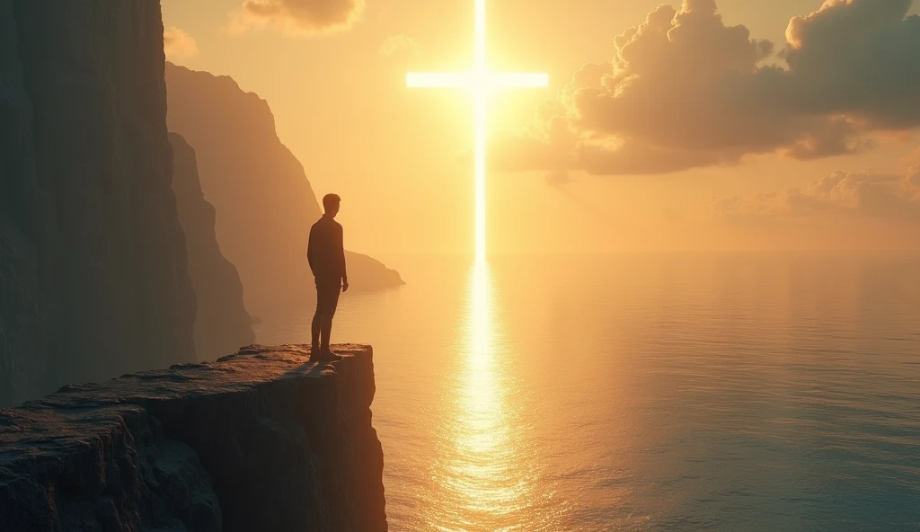 Depict a person standing at the edge of a cliff, looking out over a vast, peaceful ocean. Above them, a cross-shaped light shines down from the heavens, symbolizing the removal of eternal guilt and the embrace of God's grace."