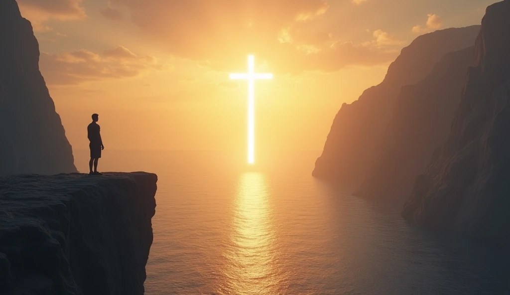 Depict a person standing at the edge of a cliff, looking out over a vast, peaceful ocean. Above them, a cross-shaped light shines down from the heavens, symbolizing the removal of eternal guilt and the embrace of God's grace."