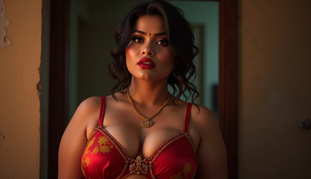 wolf cut hairstyle erotic hindu wife, front facing, 4K, super realistic, huge breast, super big fake lips red lipstick super delicious body saree bra chubby body 