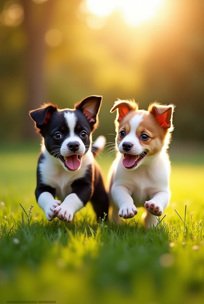 a boston terrier and a jack russell terrier playing together, adorable puppies, playful dogs, cute animal friends, furry companions, dynamic motion, energetic play, outdoor scene, green grass, natural environment, vibrant colors, warm lighting, detailed textures, best quality,4k,8k,highres,masterpiece:1.2,ultra-detailed,(realistic,photorealistic,photo-realistic:1.37)