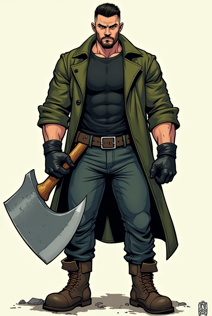 Create a Human Comics style image with cartoon-style, single-panel, intricate lines. Godri, a fat, broad, muscular young man, has a determined look and an imposing presence, with his pointed eyebrows and a smooth, beardless face. He wears a short moss green coat and a black shirt underneath, dark jeans with round steel-toed boots, a black leather glove and carries a large steel axe in his hands.