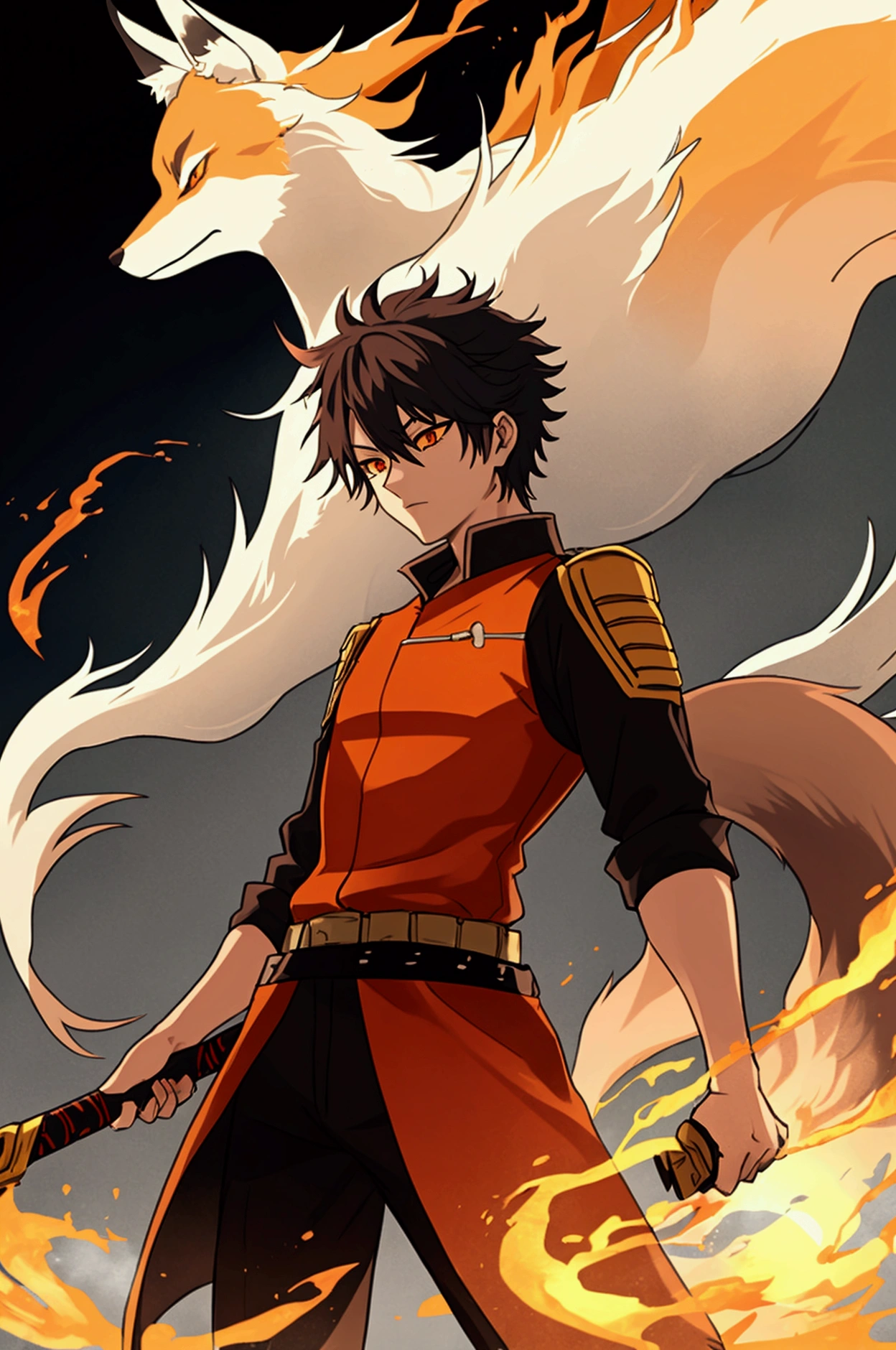 Create a detailed image of Reo Kitsuno, the Fox Pillar (Kitsune Hashira) from Demon Slayer. Reo is a slender and agile figure, with fox-like grace and reflexes. He has sharp amber eyes that glow with a cunning and mysterious intelligence. His hair is a deep red-orange, reminiscent of a fox's fur, and falls just below his shoulders in wild, untamed strands. Reo wears a customized Demon Slayer Corps uniform, featuring a fox emblem on the back. The uniform has deep brown and orange tones, with intricate patterns that resemble fox tails and wisps of smoke.

He wields a sleek, curved Nichirin blade, which glows a soft amber color. The sword's hilt is designed like a fox's paw, and the guard is shaped like a swirling tail. Reo's stance is low and ready, like a fox about to pounce. Surrounding him is an aura of swirling mist, symbolizing his connection to his breath style, with faint illusions of foxes emerging from the mist. The background is a dense, misty forest at twilight, adding to the mysterious and ethereal atmosphere.