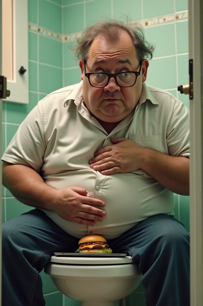 A slightly overweight man wearing glasses sitting on in a toilet scratching his pelvis while eating hamburger Infront of a laptop