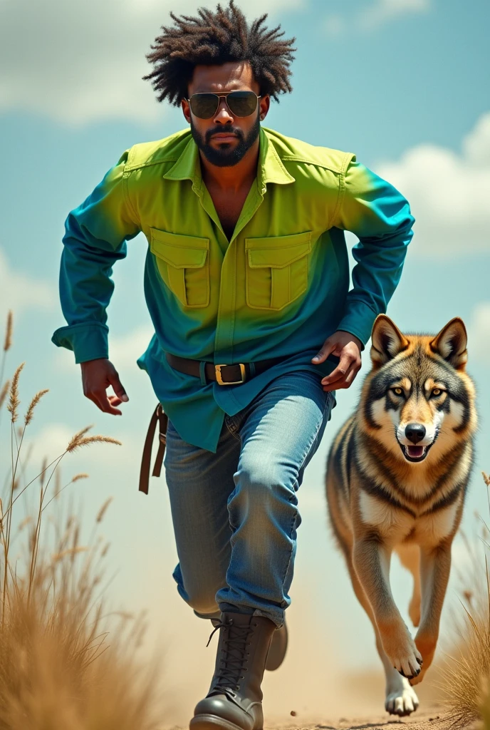 Create the image of a brown man, with curly hair cut with a machine, safety sunglasses, long shirt blouse without pockets, lime green from the belly up and petroleum blue from the belly down, blue jeans, black safety boots, running after a Maned Wolf.