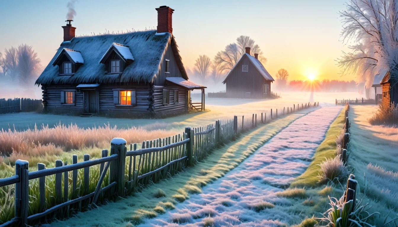 morning in the village, frost on the grass, a decrepit fence made of small slats, an old small house with a chimney, a very beautiful sunrise, professional photo, beautiful, realistic, 8k, high detail, high resolution