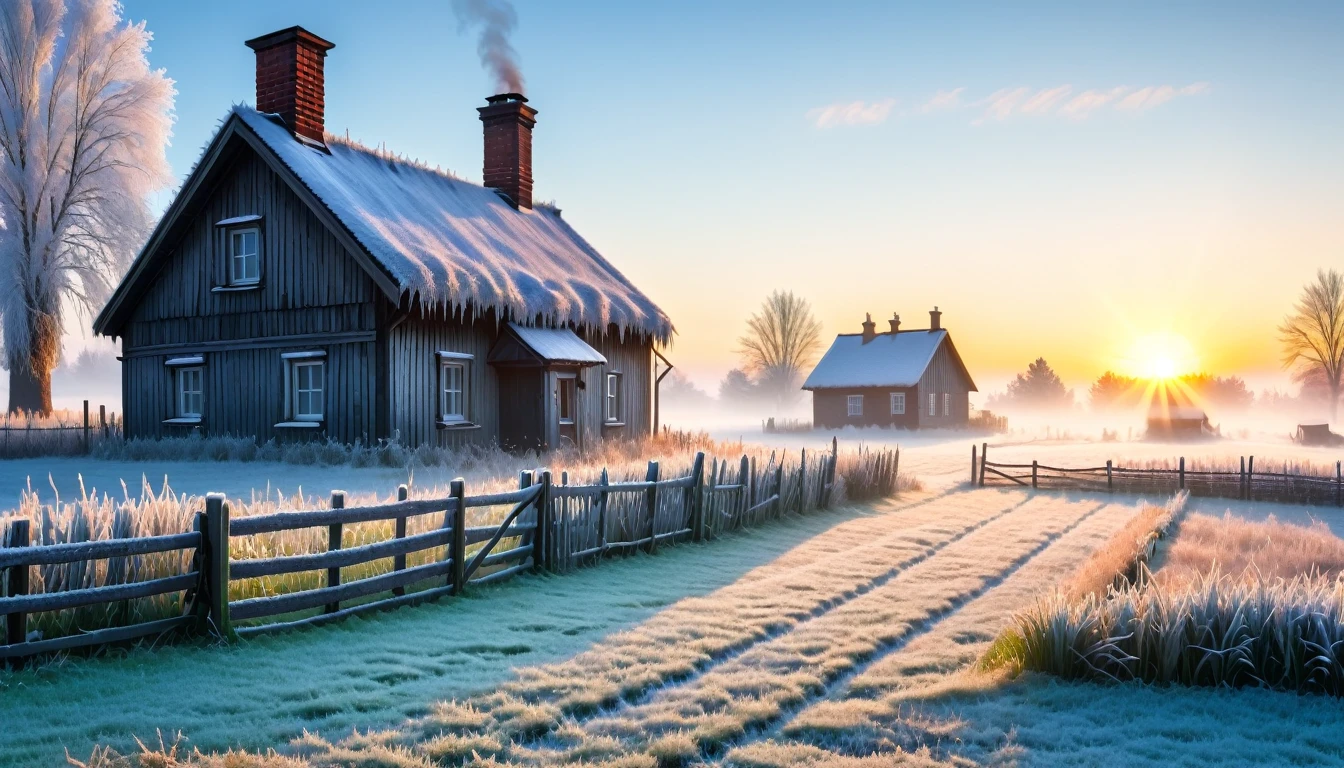 morning in the village, frost on the grass, a decrepit fence made of small slats, an old small house with a chimney, a very beautiful sunrise, professional photo, beautiful, realistic, 8k, high detail, high resolution