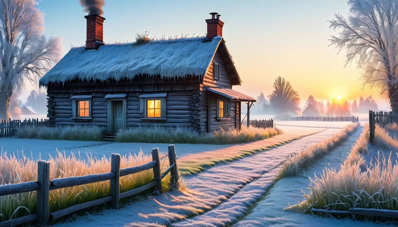 morning in the village, frost on the grass, a decrepit fence made of small slats, an old small house with a chimney, a very beautiful sunrise, professional photo, beautiful, realistic, 8k, high detail, high resolution