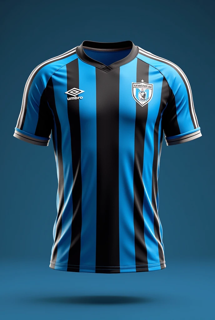 Create an Umbro branded football shirt, of the Grêmio Football Portoalegrense team with thick sky blue and black stripes and thin white stripes.