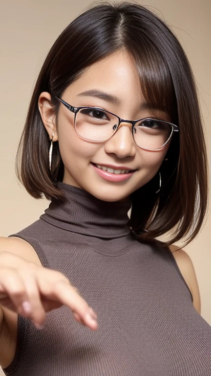 Light background、Japanese women, 青いturtleneck,sleeveless sweater、 (((masterpiece))), ((Highest quality)), ((Intricate details)), (((Ultra-Realistic)), irrational solution, The Law of Perspective, Very detailed, Realistic, 1 girl, (()), Perfect hands, Finger details, Beautiful and beautiful eyes, short hair, Brown eyes,(turtleneck:1.2), Tight Skirt, Detailed Background, choker, Perfect Eyes, Captivating eyes, Looking at the audience, from the front,smile,Rimless glasses,Earrings,Beautiful moisturized lips