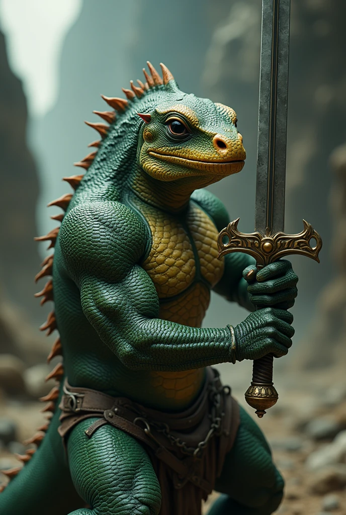 Take a picture of a warrior lizard with a sword and Mark Zuckerberg's face.