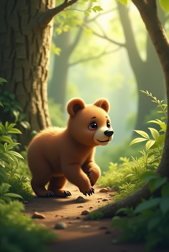  Bear cub with black eye spots walking in a forest in profile 