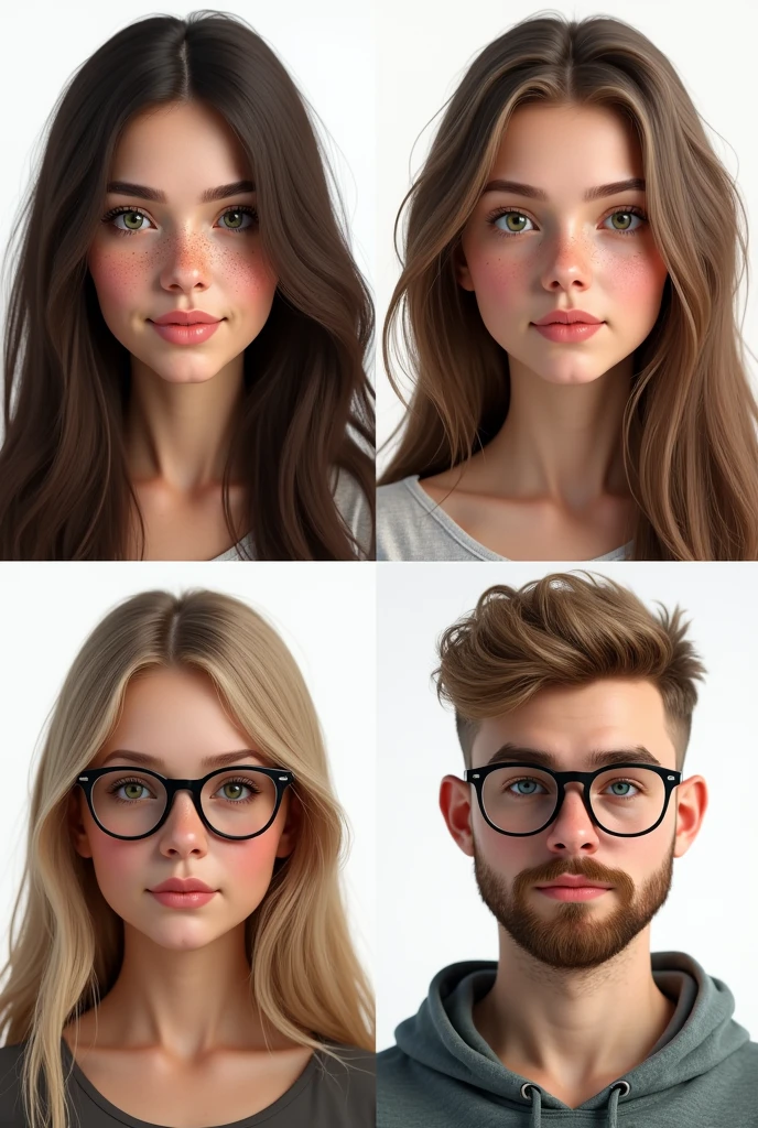 (photorealism:1.5)profile of a beautiful young woman with long dark brown hair, green eyes, and a lot of freckles. another profile of a young woman with long brown hair, brown eyes and some freckles. another profile of a young pretty woman with straight long light blond hair, blue eyes and glasses. The last profile is of a young masculine chubby man with short kind of buzzcut dark blond hair, blue eyes, glasses and a beard. faces are looking into the camera, pretty small and loosely arranged on a white background 